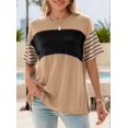 thumbnail image 4 of Womens Summer Oversized 2025 Crewneck Casual Color Block Striped Shirts Blouses Khaki M, 4 of 9