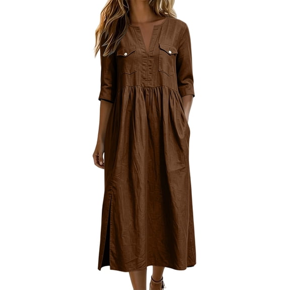 Edvintorg Casual Dresses for Women Solid V-Neck 3/4 Sleeve Loose Midi Dress Womens Sundresses with Pockets Fashion Clothing
