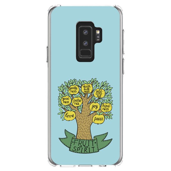 DistinctInk Clear Shockproof Hybrid Case for Samsung Galaxy S9  PLUS (6.2" Screen) - TPU Bumper, Acrylic Back, Tempered Glass Screen Protector - Fruit of the Spirith - Tree - Yellow Teal