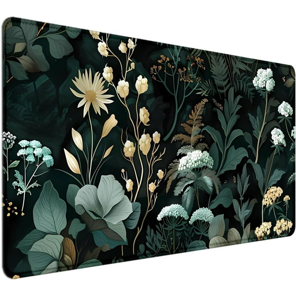 Green Floral Desk Mat, Black Aesthetic XXL Mouse Pads, Black Desktop Mat, Green Plant Large Cute Mousepad, Office Desk Accessories Gifts