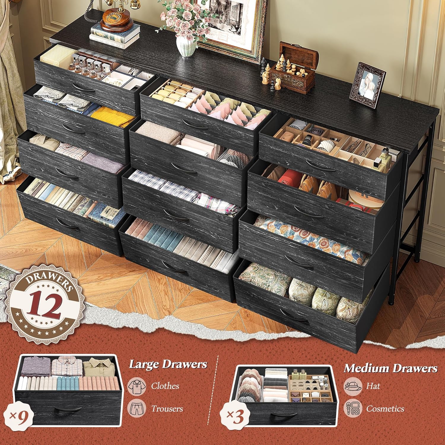 55" Long Dresser for Bedroom with 12 Fabric Drawers, Entertainment Center for 60 inch TV Dressers & Chests of Drawers Large Storage Organizer for Closet, Living Room, Metal Frame, Wood Top, Black
