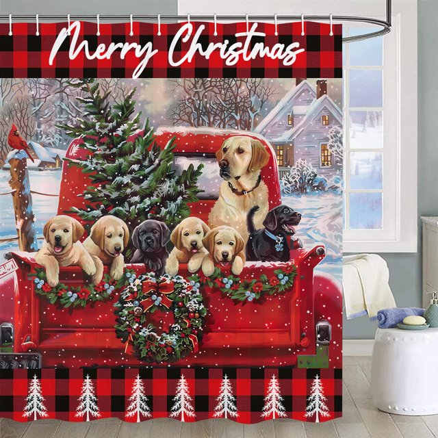 Jbralid Cortina De Ducha Navideña, Camión Rojo Vintage Con Árbol De Navidad, Lindo Perro, Cortina De Ducha Para Niños, Cuadros De Búfalo, Decoración De Baño Impermeable Con Ganchos De 72 X 72 Pulgadas