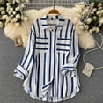 thumbnail image 2 of ZHUASHUM womens shirts Fashion Mid Length Vertical Striped Multi Color Shirt Coat Casual Loose Top,S Blue, 2 of 4
