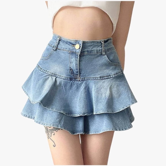 Huowey Women Denim Mini Skirt Tiered High Waist Ruffle Retro Slim A-Line Layer Solid Color Fashionable Elegant Comfy Casual Short Jean Skirts ,Light Blue,L