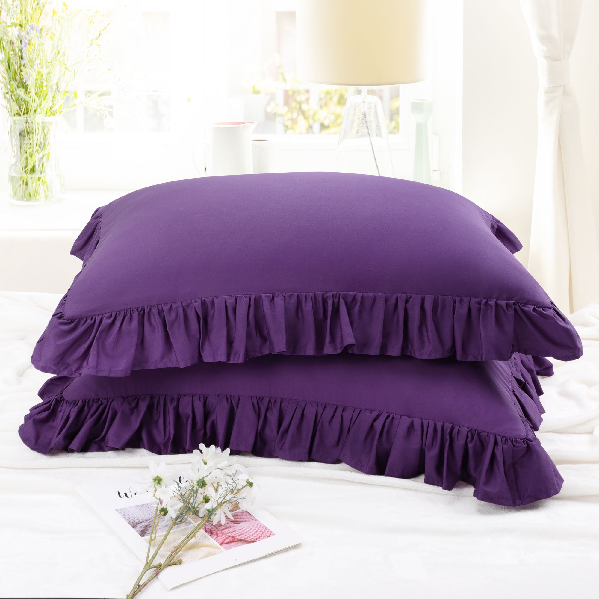 Unique Bargains 2 Pcs 100% Cotton Envelope Closure Ruffled Pillowcases Grape Standard