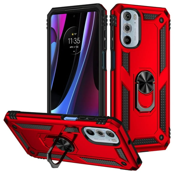 Military Grade Hybrid Case with Ring Holder for Motorola Edge  2022 - Red