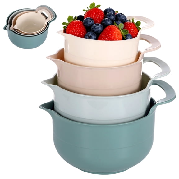 4 Pcs Nesting Plastic Mixing Bowls Set with Pour Spouts & Handles, Long-Lasting PP Materials, Space-Saving Stackable Storage Bowls for Kitchen & Baking, Multicolor