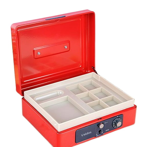 Veldas Metal cash boxes, A cash tray and key lock for 4 banknotes and 5 coin slots, red
