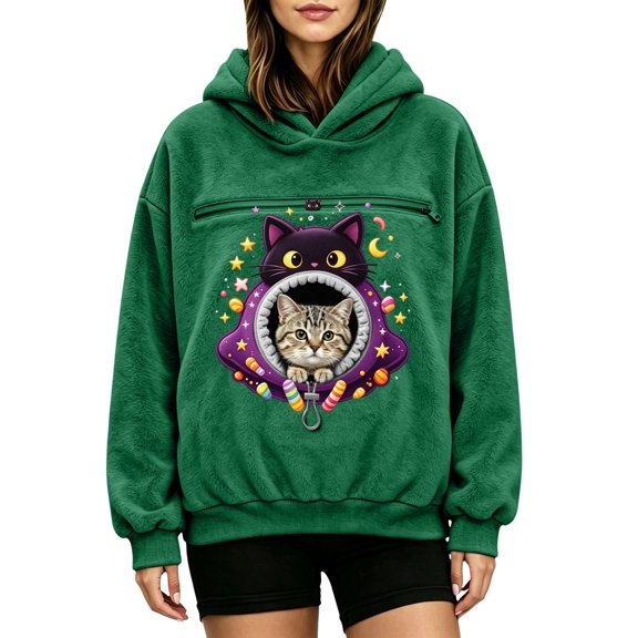 Flannel Pet Pouch Hoodie Womens Cat Carrier Hoodie Cute Graphic Hooded Sweatshirt Loose Fit Casual Fall Tops for Women Long Sleeve Pullover with Zipper Pouch Adjustable Opening