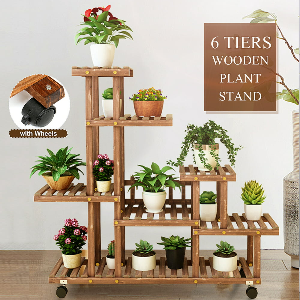 6 Tier With Wheels Pot Flower Wooden Plant Stand Movable Shelf Wood