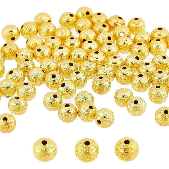 100Pcs Golden Beads 8mm Tibetan Style Textured Gold Beads Bulk Frosted Brass Metal Bead Round Shiny Ribbon Pattern Beads Loose Spacer Beads for Jewelry Making Beading Kit DIY Craft Supplies Golden