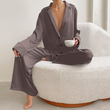 

DanceeMangoo Oversized Satin Silk Sleepwear Low Cut Sexy Pajamas For Women Single-Breasted Long Sleeves Wide Leg Pants Trouser Suits