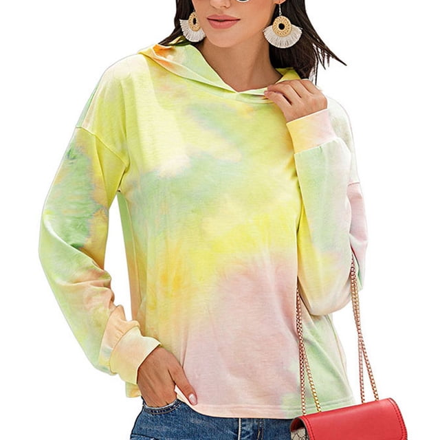 Sudadera con capucha y manga larga con efecto tie dye de color verde y morado, talla M, para mujer