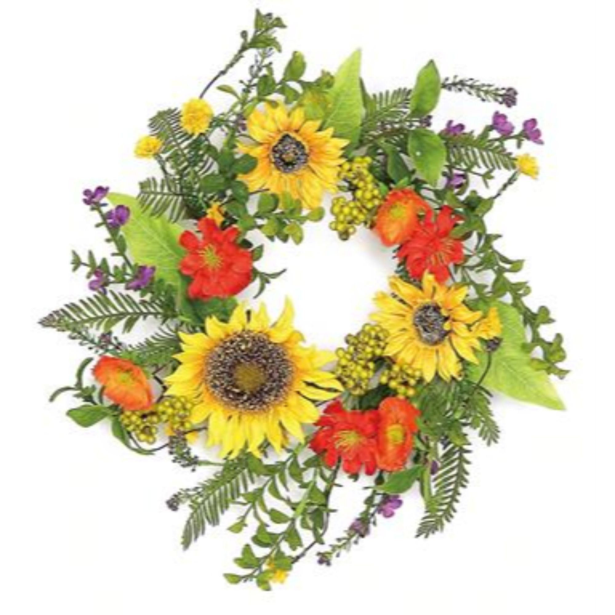 Mixed Wildflowers and Sunflowers Artificial Spring Floral Wreath, Green