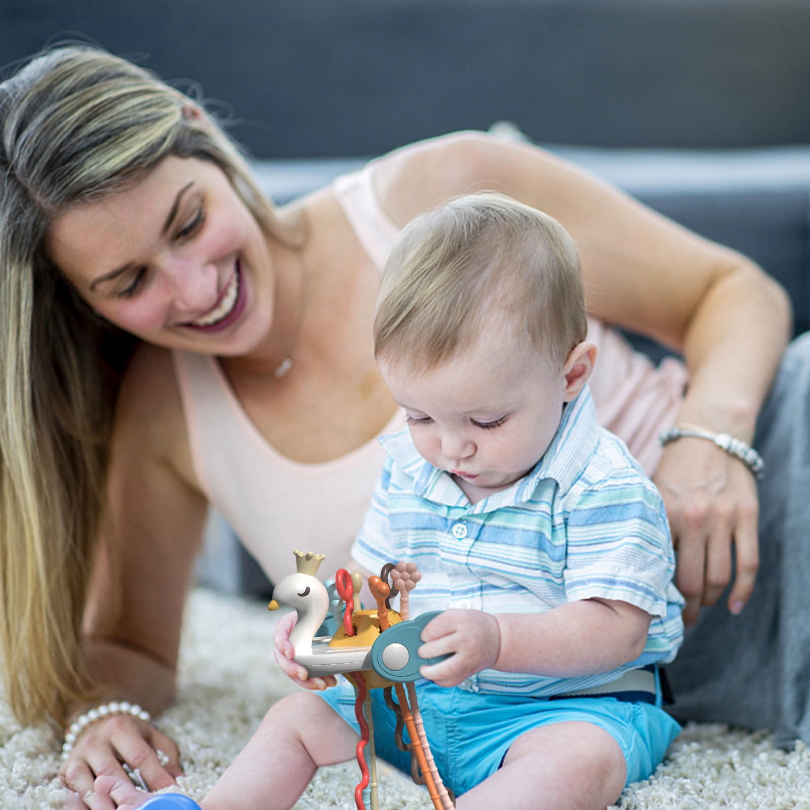 Jouet Sensoriel Montessori En Silicone Alimentaire - Forme Pieuvre, Cordes à Tirer - Pour Bébé 6 Mois+ - Développe Motricité Fine - 8