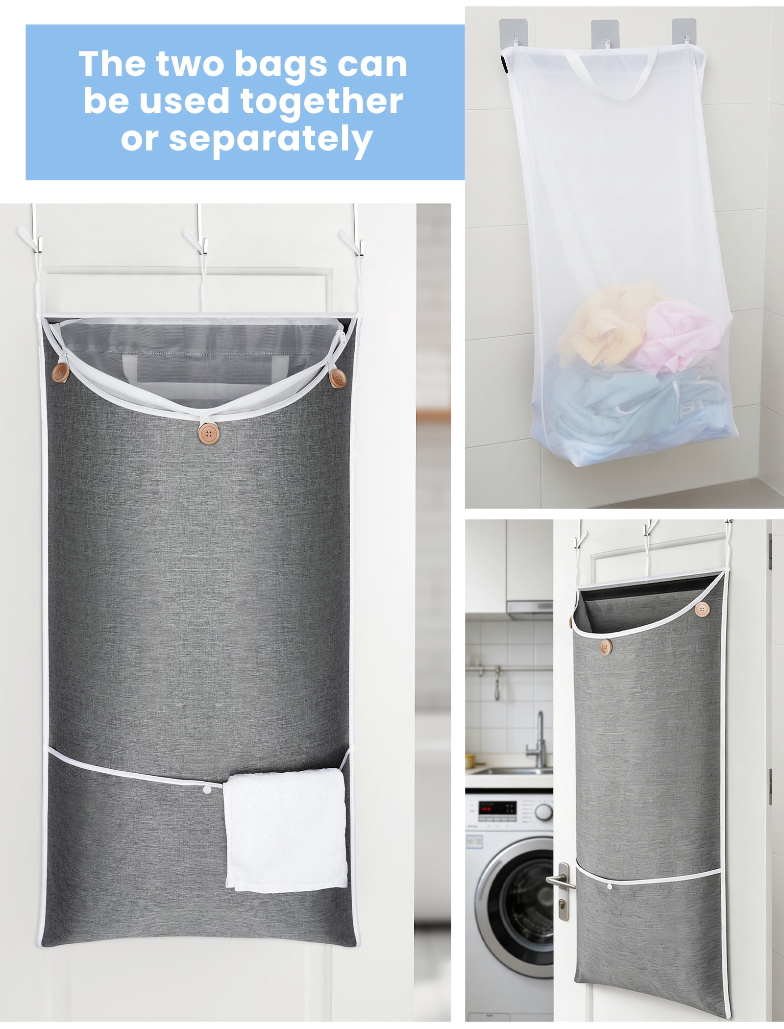 NiHome XXL Hanging Laundry Hamper Bag 39.4"x22.4" with Removable Delicates Bag, 2-in-1 Door Hamper with Dual Hooks, Wide Opening Laundry Bag for Dorm Bedroom Bathroom(Use Together or Separately)