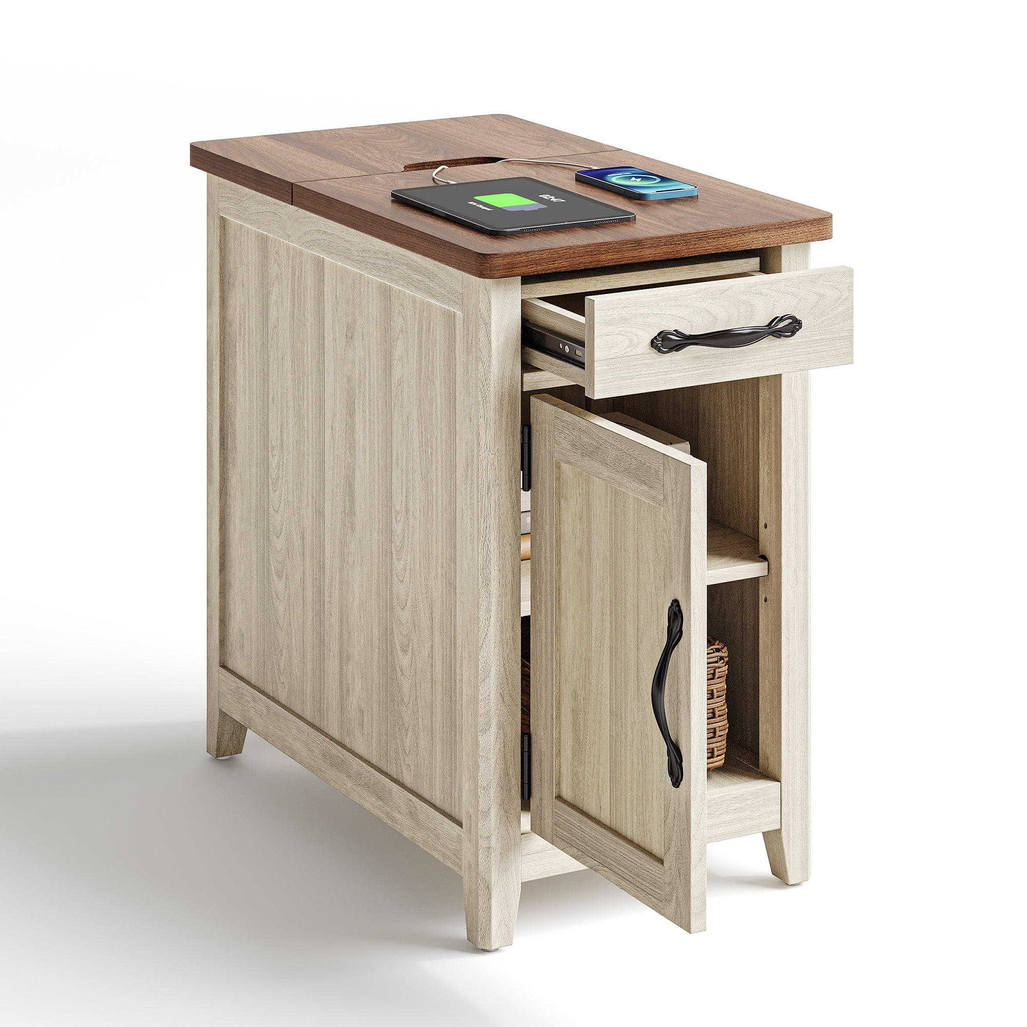 LINSY HOME End Tables for Living Room with Charging Station, Nightstand for Bedroom with Drawer and Detachable Holder,Washed Grey & Brown
