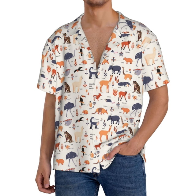 Fotbe South American Animals Camisa Estampada de Manga Corta para Hombre, Casual de Verano, Estilo Playero, Sin Arrugas-Large