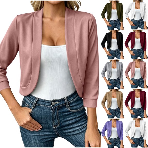 DIOAZUD Women's Cropped Open Front Cardigan 3/4 Sleeve Soft Stretch Knit Blazer Shawl Collar Casual Lightweight Cardigans Khaki S-XXL