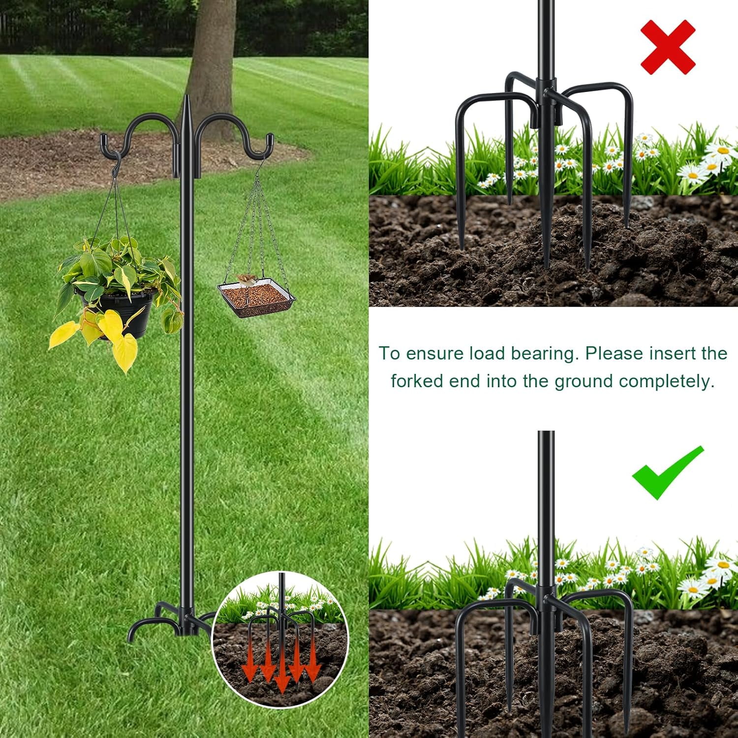 Double Shepherds Hook for Outdoor, 92 Inch Heavy Duty Bird Feeder Pole 3/4 Inch Thick Garden Hooks for Hanging Hummingbird Feeder, Plant Baskets, Solar Light Lanterns