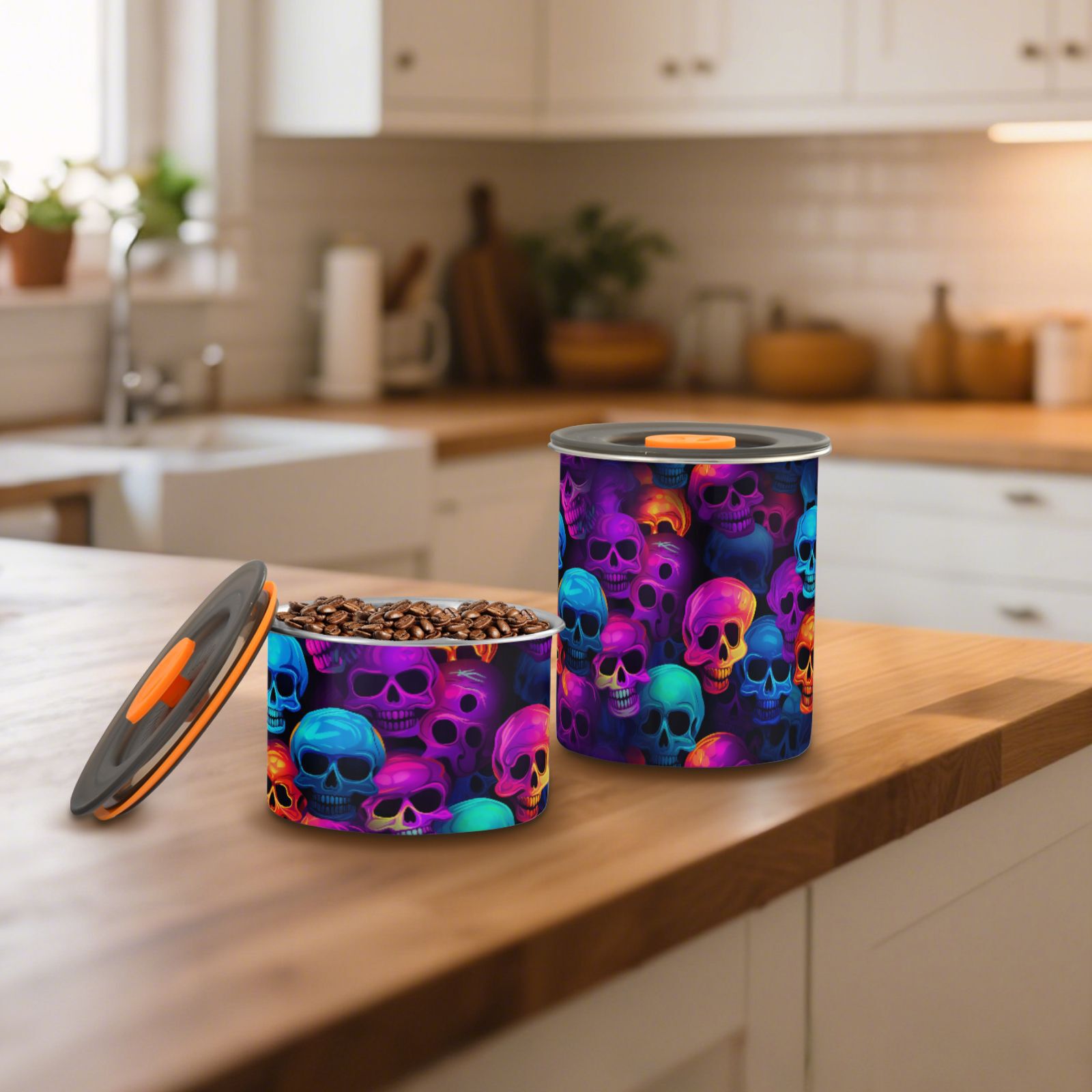 Rainbow Skulls Airtight Coffee Bean Canister 30oz Food Storage Containers with Lids For Gournd, Tea, Sugar, Flour, Rice, Cereal, Candy Cookie Jar