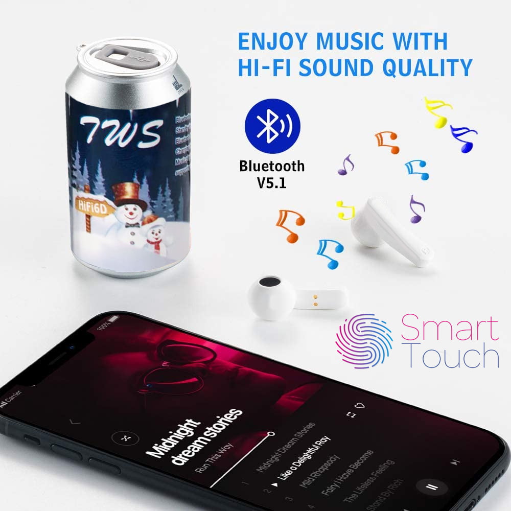 Christmas Gift! Bluetooth EarBuds - Universal Compatibility w/ Novel Pop  Top Soda Can Charging Case (White)