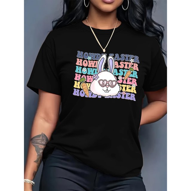 Women's Easter Bunny Graphic T-Shirt - Casual Green Crew Neck Short Sleeve Tee with Playful Rabbit Print, Machine Washable, Festive Graphic Tee | Playful Bunny Print | Polyester Fabric