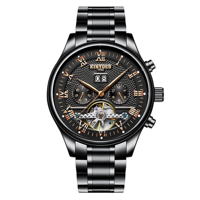 Reloj de material acero Inoxidable Automático Mecánico Analógico con Fecha para Hombre con Caja Negro Yinane Relojes mecánicos de los hombres