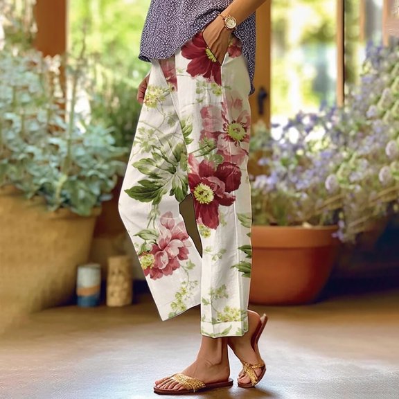Womens Pants Casual Boho Print Pocket Trousers Ankle Length Casual Womens Pants Brick Red L