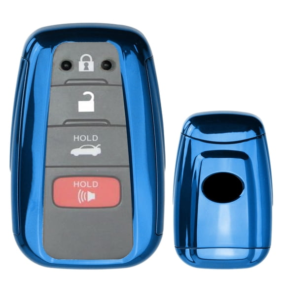 Chrome Finish Blue TPU Key Fob Protective Case w/Button Cover For 2017/2018-up Toyota Camry Prius Prime Mirai C-HR, etc w/Push Start Engine Feature