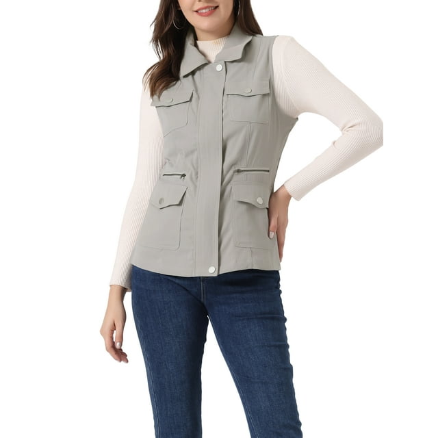 INSPIRE CHIC Veste Zippée pour Femme Sans Manches Anorak Gilet Utilitaire Veste avec Poches P Gris
