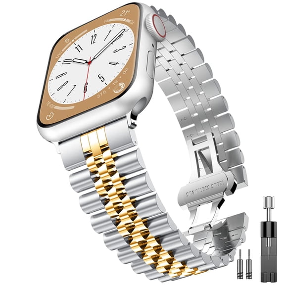 ZYX Heavy Duty Stainless Steel Band for Apple Watch, 5-Row Metal Link Bracelet with Butterfly Clasp, SliverGold, 38mm/40mm/41mm/42mm(series 10 11)
