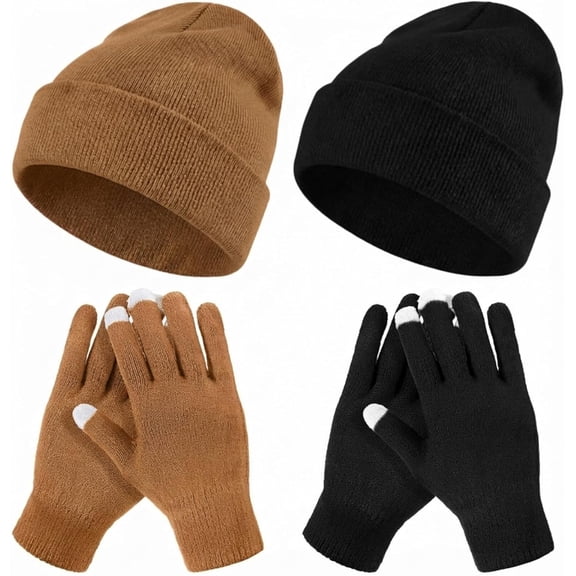 4 Pcs Winter Knit Beanie Hat and Touchscreen Gloves Set for Women Men Warm Acrylic Cap and Gloves Set