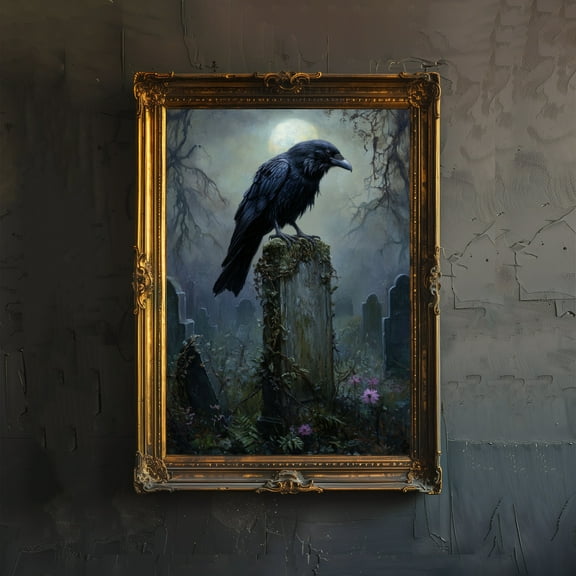 Raven in Cemetery Poster Dark Academia Art Gothic Decor Antique Bird Illustration Haunted Landscape Poster Rustic Vintage Wall Art - Poster Unframed