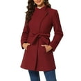 thumbnail image 1 of Abrigo largo de invierno con cinturón para mujer, clásico, de cuello alto, de manga larga, color rojo oscuro, 1 of 6