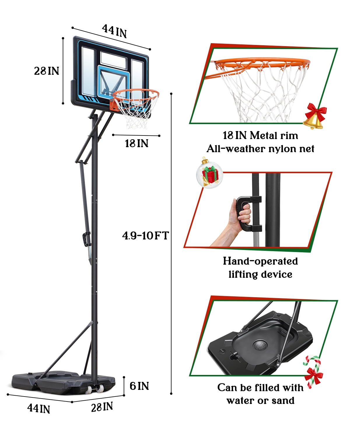 SERAY Basketball Hoop 4.9-10 feet Height Adjustable for Kids, Teens & Adults, 44 inch Backboard and Portable Wheels, Basketball Goal System for Outdoor/Indoor Sports