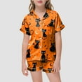 thumbnail image 2 of Caqnni Halloween Pjs Girls Satin Pajamas Set Pumpkin Print Short Sleeve Button-Down Shirt and Shorts 2 Piece Sleepwear Girls Halloween Pajamas Shorts Sets (12-13 Years,Orange), 2 of 5