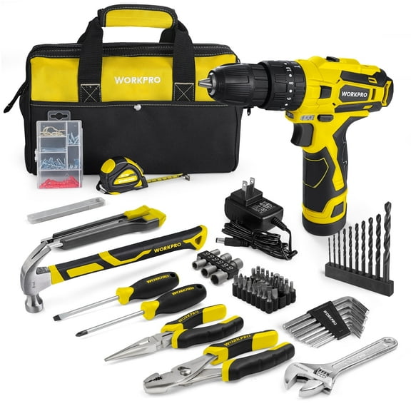 WORKPRO 12V Cordless Drill, Power Tool Set for Home, 177 Pieces Combo Kit with 14-inch Storage Bag and 1500mAh Lithium-Ion Battery & Charger (Yellow)