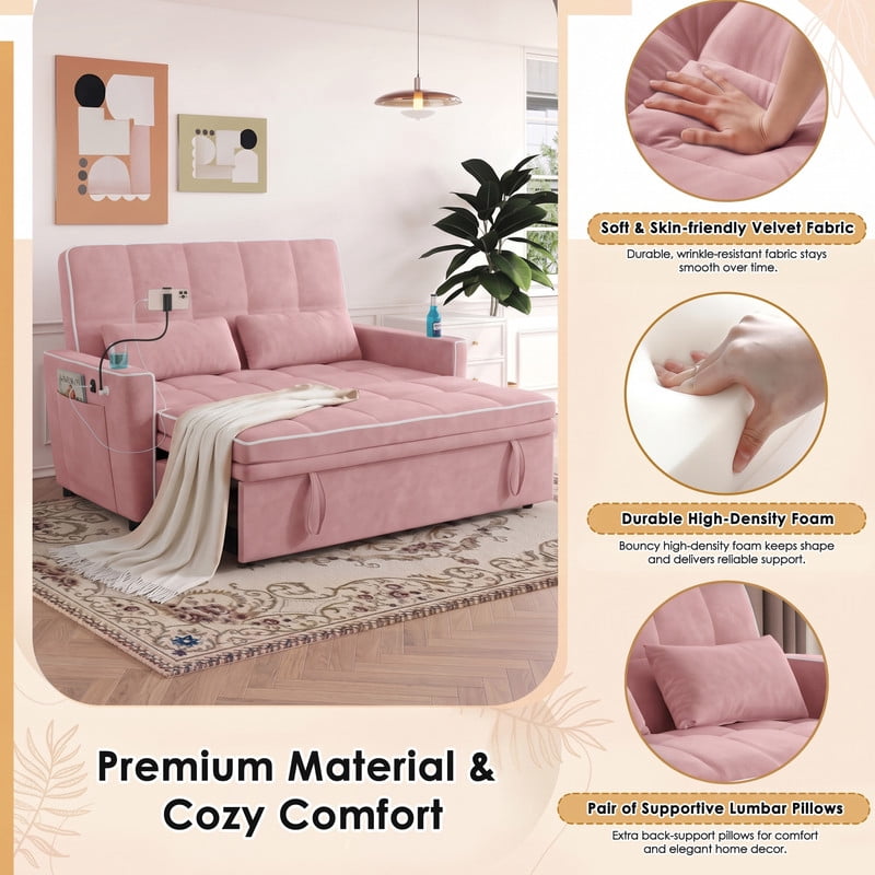 Anpport 54" 3‑in‑1 Convertible Sleeper Sofa Bed, Loveseat with White Trim, USB Charging Port, Phone Stand, 2 Cup Holders and 2 Pillows for Living Room, Bedroom and Apartment, Pink