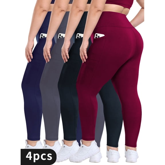 4-pack plus size high-waisted solid yoga pants, women's sports tights, comfortable and breathable, suitable for sports, leisure, yoga, four seasons.