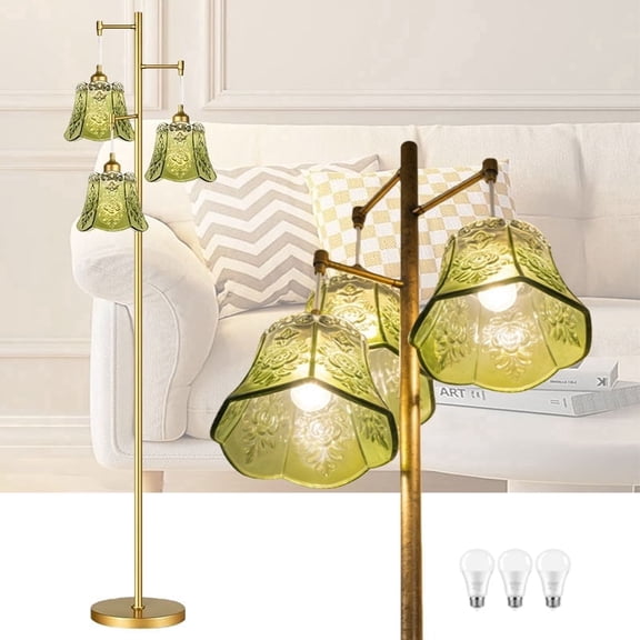 69 Inch Green Bohemian 3-Light Floor Lamp with Glass Floral Shade and Iron Base for Living Room, Study & Bedroom