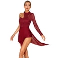 thumbnail image 2 of ZDHoor Womens One Shoulder Long Sleeve Lyrical Dance Leotard Sheer Lace Split Mesh Skating Leotard Dress Burgundy XL, 2 of 7