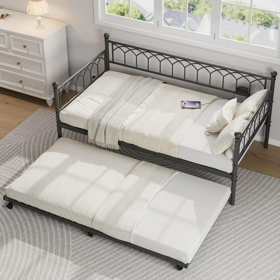 Twister.CK Twin Size Daybed Frame with Trundle, Metal Platform Sofa Bed Frame with LED Lights and Charging Station, for Small Spaces, Black