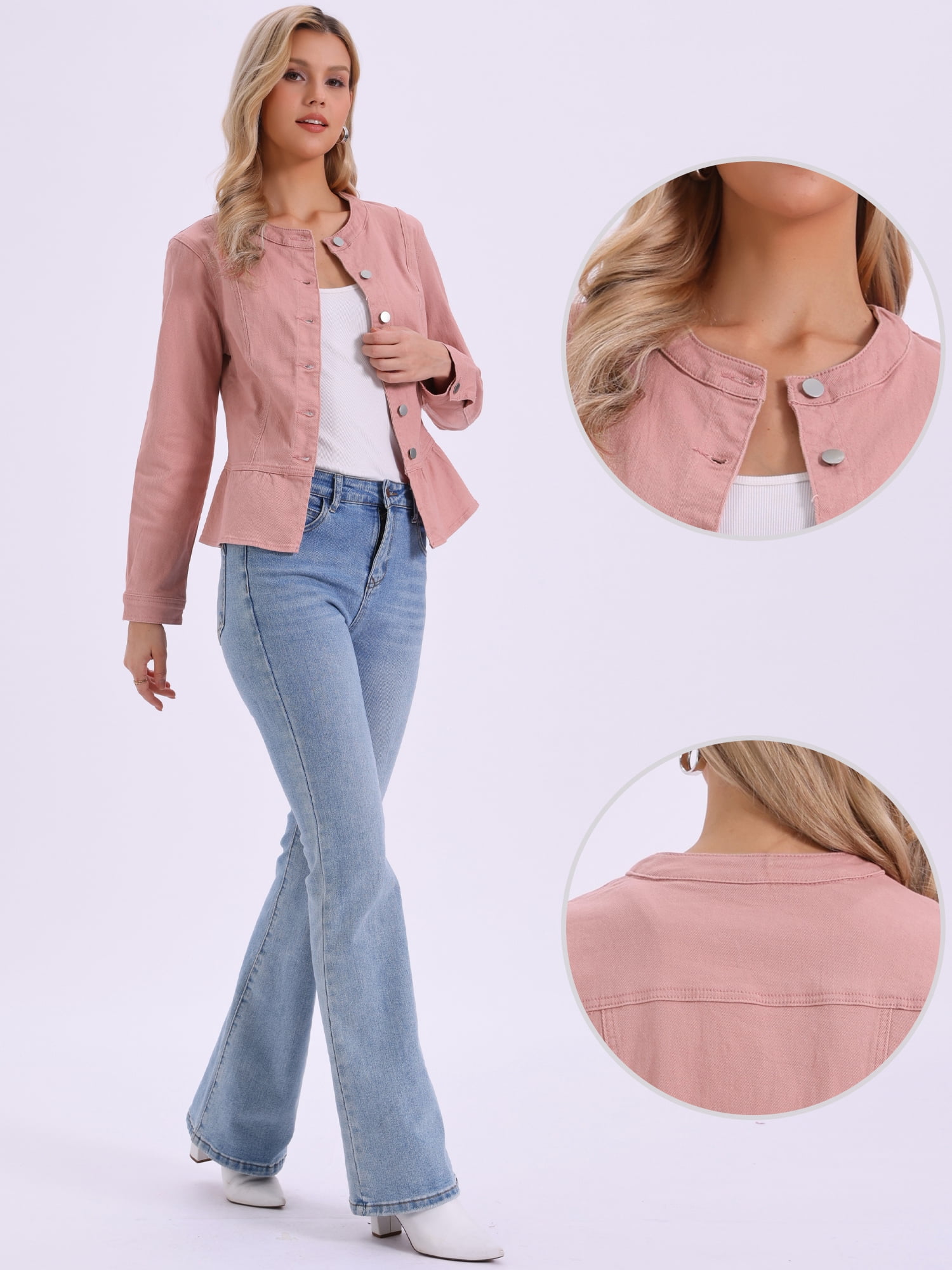 DARING DIVA Women's Peplum Hem Button Down Collarless Jean Jacket XL Dusty Pink