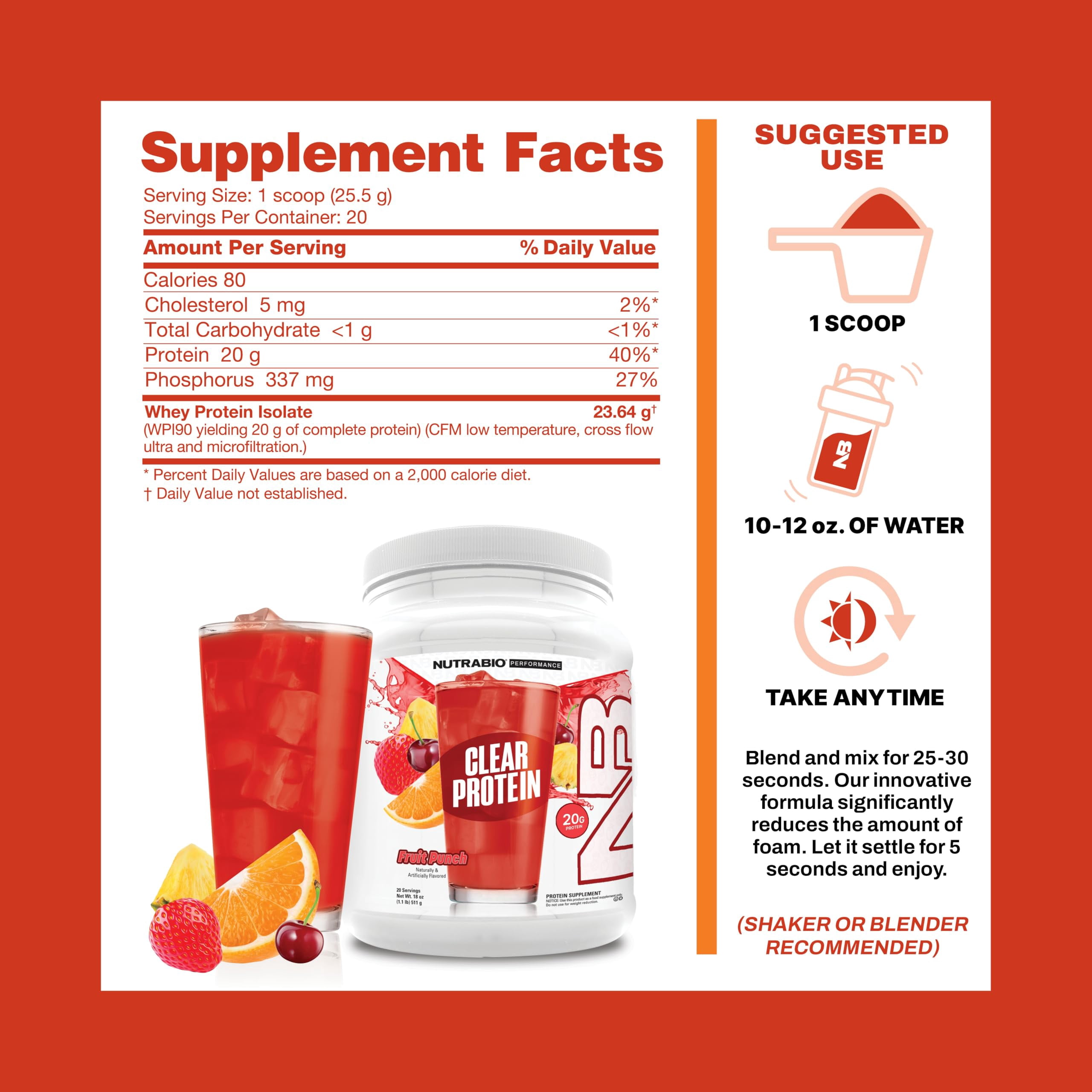 NutraBio Clear Whey Isolate Protein Powder, Delicious & Refreshing Fruit Flavors, Protein Juice, No Milky Taste, No Foam, Zero Sugar, Fruit Punch, 20 Servings