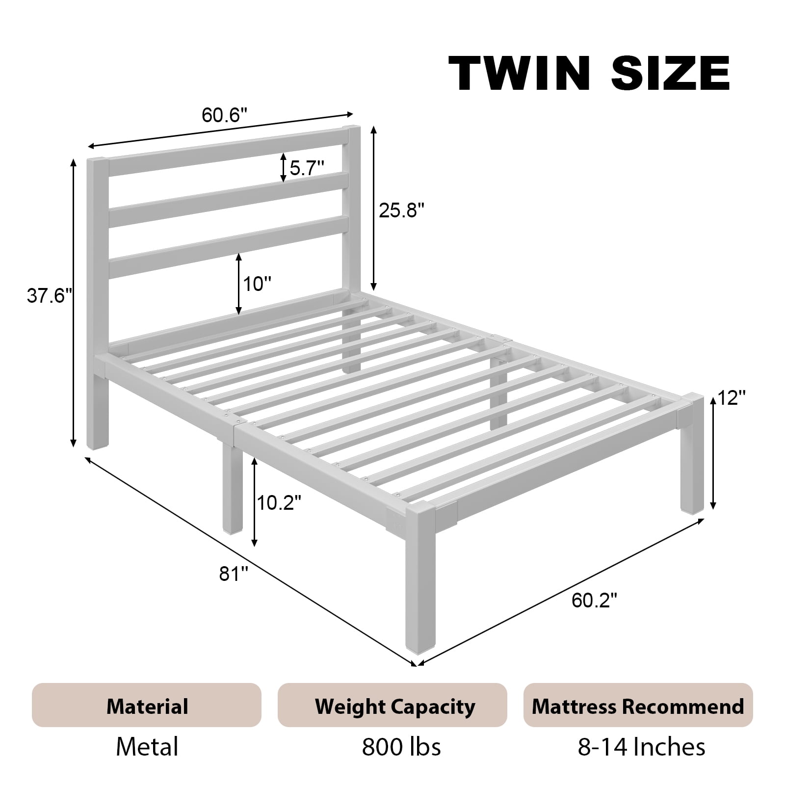E-motie Twin Size Metal Platform Bed Frame with Headboard, Heavy Duty Metal Slat Mattress Foundation, Easy Assembly, No Box Spring Needed, White