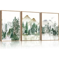 Large Framed Mountain Wall Art Watercolor Forest Landscape Painting Green Nature Prints Art Rustic Wall Decor Set of 3 for Living Room Bedroom Office 16x24 Inch