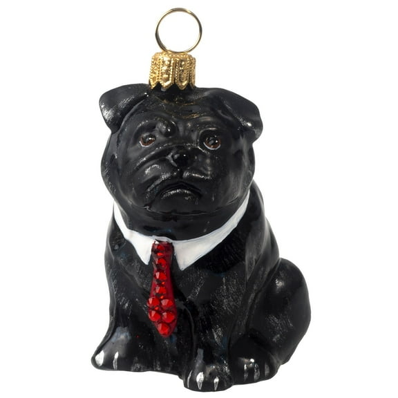 Pug Black with Red Crystal Tie Polish Glass Christmas Ornament