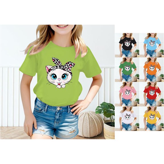RTKFRFLM Kids Girls Trendy Short Sleeve T-Shirt Everyday Casual Crewneck Base Layer Knit Tee Top School Wear for Size 4-16