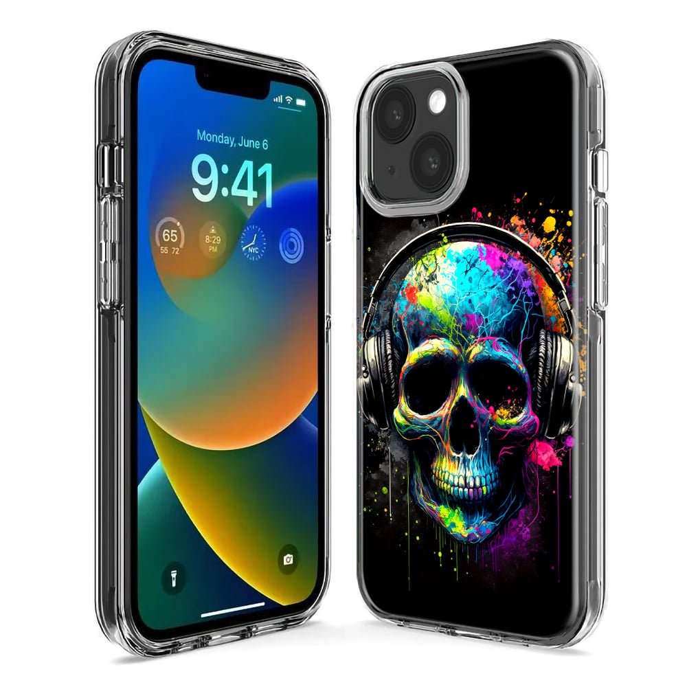 thumbnail image 3 of MUNDAZE Apple iPhone 12 Mini Shockproof Clear Hybrid Protective Phone Case Fantasy Skull Headphone Colorful Pop Art Cover, 3 of 5